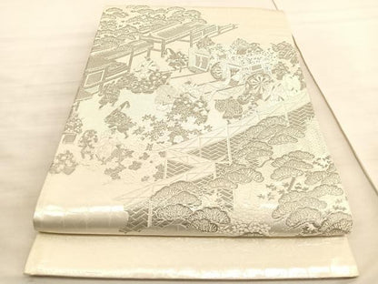 平和屋着物◎太鼓柄袋帯　唐織　王朝源氏物語繪　プラチナ箔　引箔　正絹　逸品　BAAV8744hv