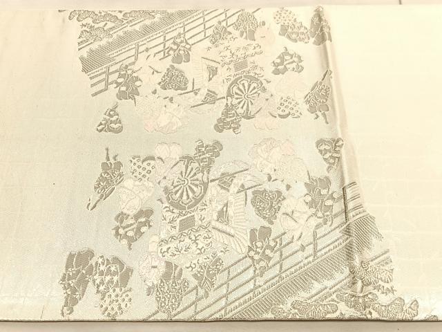平和屋着物◎太鼓柄袋帯　唐織　王朝源氏物語繪　プラチナ箔　引箔　正絹　逸品　BAAV8744hv