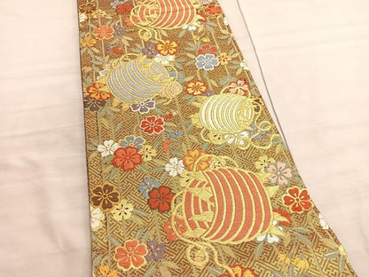 平和屋着物●佐賀錦　六通柄袋帯　唐織　枝重桜小田巻文様　金糸　正絹　逸品　BAAV8809hv