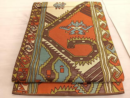 平和屋着物◎六通柄袋帯　幾何学文様　正絹　逸品　BAAV8837hv