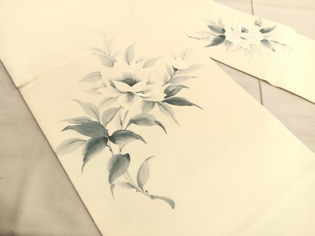 平和屋着物●塩瀬 九寸名古屋帯 作家物 手描き 枝花文 正絹 逸品 BAAV8844hv