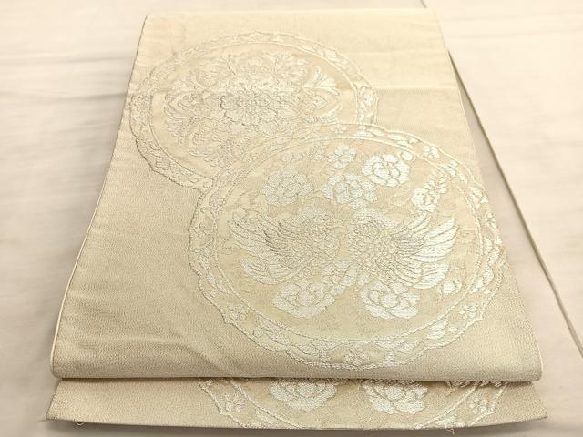 平和屋着物◎六通柄袋帯　鴛鴦花絵皿文　綴れ　銀糸　正絹　逸品　BAAV8860hv