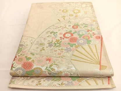 平和屋着物◎六通柄袋帯　唐織　扇面花文　金銀糸　正絹　逸品　BAAV8906hv
