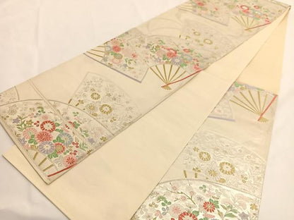 平和屋着物◎六通柄袋帯　唐織　扇面花文　金銀糸　正絹　逸品　BAAV8906hv