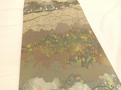 平和屋着物◎六通柄袋帯　樹林シルエット　金銀糸　引箔　正絹　逸品　BAAV8932hv