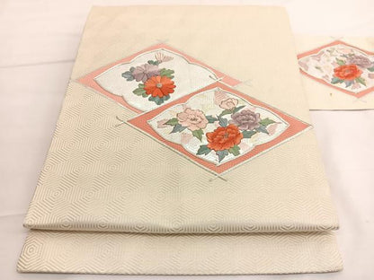 平和屋着物◎九寸名古屋帯　駒刺繍　花菱文　銀彩　正絹　逸品　BAAV8985hv