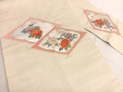 平和屋着物◎九寸名古屋帯　駒刺繍　花菱文　銀彩　正絹　逸品　BAAV8985hv