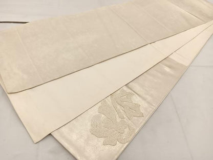 平和屋着物◎太鼓柄袋帯　総刺繍　枝花文　引箔　正絹　逸品　BAAV9118mz