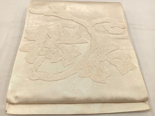 平和屋着物◎太鼓柄袋帯　総刺繍　枝花文　引箔　正絹　逸品　BAAV9118mz