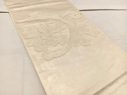 平和屋着物◎太鼓柄袋帯　総刺繍　枝花文　引箔　正絹　逸品　BAAV9118mz
