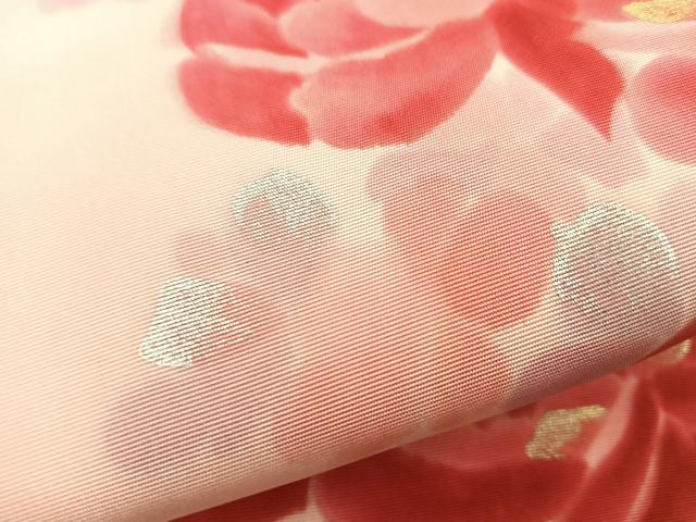 平和屋着物●塩瀬　九寸名古屋帯　手描き　牡丹　金銀彩　正絹　逸品　BAAV9131mz 平和屋着物○塩瀬 九寸名古屋帯 手描き 牡丹 金銀彩 正絹 逸品 BAAV9131mz