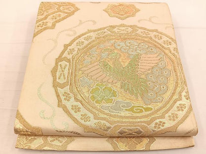 平和屋着物◎六通柄袋帯　孔雀花文　金糸　正絹　逸品　BAAV9161mz