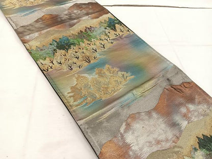 平和屋着物◎六通柄袋帯 樹林文 黒地 金銀糸 引箔 正絹 逸品 BAAV9173mz