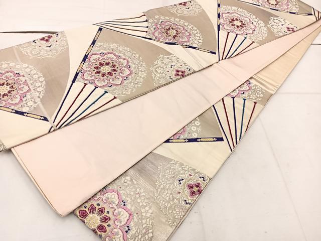 平和屋着物◎六通柄袋帯　唐織　扇面花文　金銀糸　正絹　逸品　BAAV9177mz