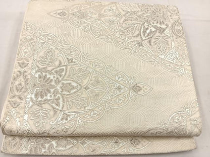 平和屋着物◎六通柄袋帯　亀甲花文　銀糸　正絹　逸品　BAAV9180mz