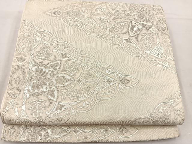 平和屋着物◎六通柄袋帯　亀甲花文　銀糸　正絹　逸品　BAAV9180mz