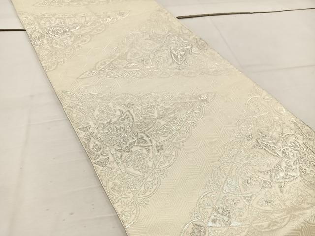 平和屋着物◎六通柄袋帯　亀甲花文　銀糸　正絹　逸品　BAAV9180mz