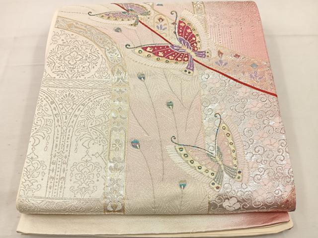 平和屋着物◎西陣　六通柄袋帯　北欧ロマン　舞蝶花文　正絹　逸品　BAAV9186mz