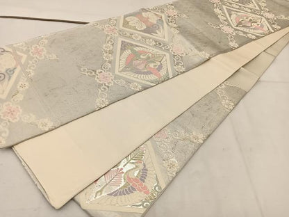 平和屋着物◎六通柄袋帯　唐織　向かい鶴花文　金銀糸　正絹　逸品　BAAV9187mz