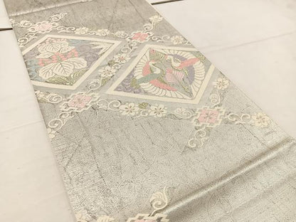平和屋着物◎六通柄袋帯　唐織　向かい鶴花文　金銀糸　正絹　逸品　BAAV9187mz