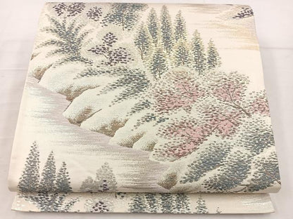 平和屋着物◎六通柄袋帯　風景草花文　金糸　正絹　逸品　BAAV9191mz