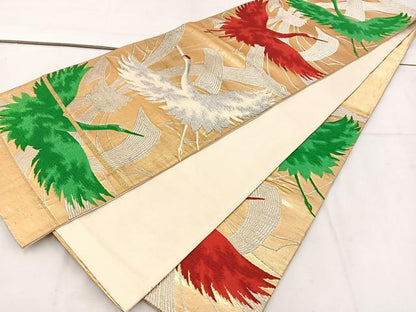 平和屋着物◎六通柄袋帯　唐織　束ね熨斗飛鶴文　銀糸　正絹　逸品　BAAV9192mz
