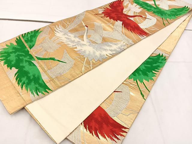 平和屋着物◎六通柄袋帯　唐織　束ね熨斗飛鶴文　銀糸　正絹　逸品　BAAV9192mz