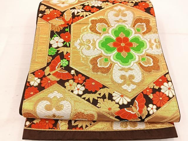 平和屋着物◎六通柄袋帯　唐織　松竹梅　亀甲花蝶文　金糸　正絹　逸品　BAAV9199mz