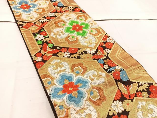 平和屋着物◎六通柄袋帯　唐織　松竹梅　亀甲花蝶文　金糸　正絹　逸品　BAAV9199mz