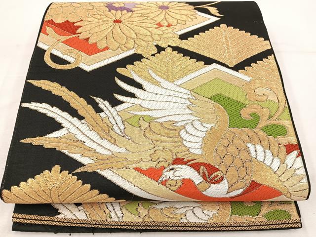 平和屋着物◎六通柄 京袋帯 鳳凰菱花文 黒地 金糸 正絹 逸品 BAAV9200mz