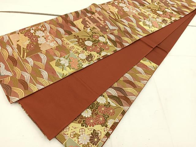 平和屋着物◎六通柄袋帯　唐織　色紙重ね飛鶴花文　金糸　正絹　逸品　BAAV9214mz