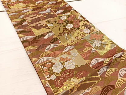 平和屋着物◎六通柄袋帯　唐織　色紙重ね飛鶴花文　金糸　正絹　逸品　BAAV9214mz