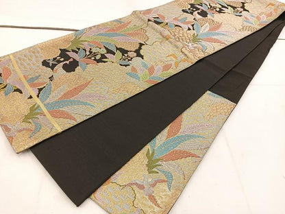 平和屋着物◎六通柄袋帯　花鳥文　黒地　金銀糸　正絹　逸品　BAAV9218mz