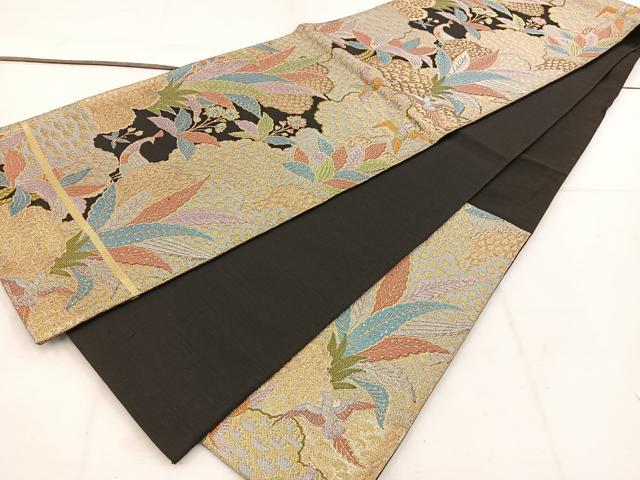 平和屋着物◎六通柄袋帯　花鳥文　黒地　金銀糸　正絹　逸品　BAAV9218mz