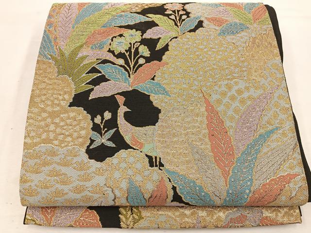 平和屋着物◎六通柄袋帯　花鳥文　黒地　金銀糸　正絹　逸品　BAAV9218mz