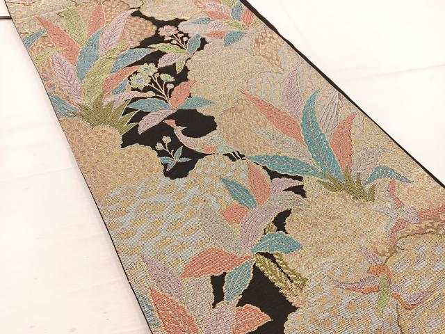 平和屋着物◎六通柄袋帯　花鳥文　黒地　金銀糸　正絹　逸品　BAAV9218mz
