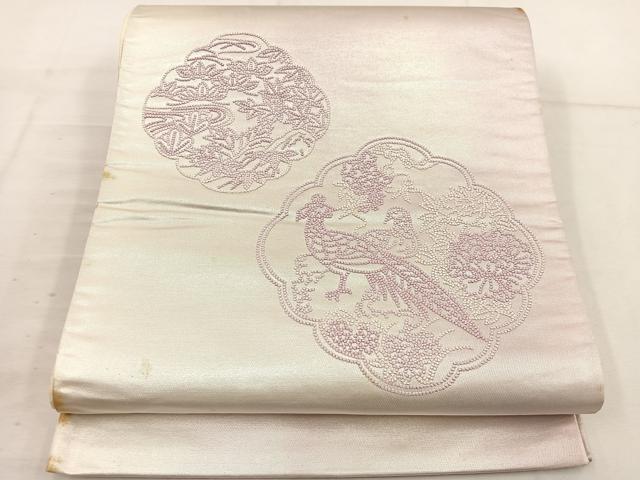 平和屋着物◎太鼓柄袋帯　刺繍　花鳥文　引箔　正絹　逸品　BAAV9237mz