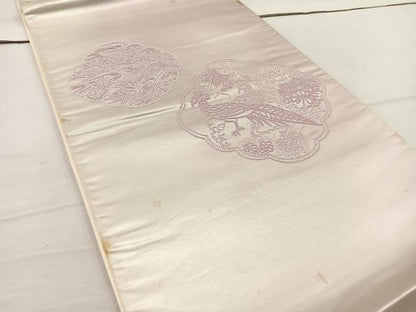 平和屋着物◎太鼓柄袋帯　刺繍　花鳥文　引箔　正絹　逸品　BAAV9237mz