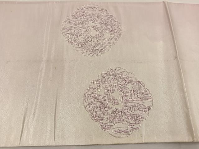 平和屋着物◎太鼓柄袋帯　刺繍　花鳥文　引箔　正絹　逸品　BAAV9237mz