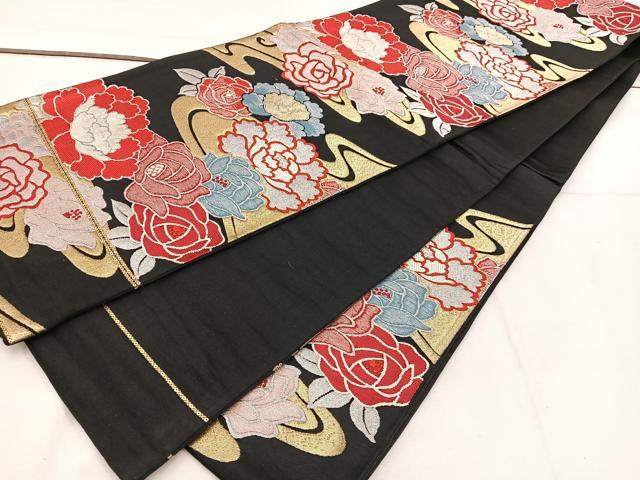 平和屋着物◎六通柄 京袋帯 流水花文 黒地 金銀糸 正絹 逸品 BAAV9243mz
