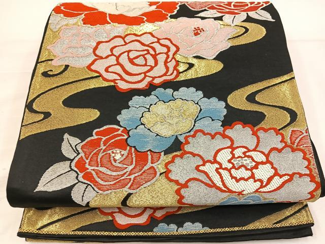 平和屋着物◎六通柄 京袋帯 流水花文 黒地 金銀糸 正絹 逸品 BAAV9243mz