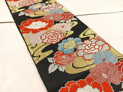 平和屋着物◎六通柄 京袋帯 流水花文 黒地 金銀糸 正絹 逸品 BAAV9243mz