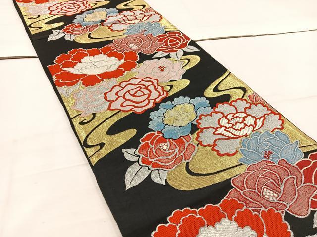 平和屋着物◎六通柄 京袋帯 流水花文 黒地 金銀糸 正絹 逸品 BAAV9243mz