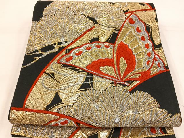 平和屋着物◎六通柄袋帯 唐織 舞蝶花文 黒地 金銀糸 正絹 逸品 BAAV9260mz