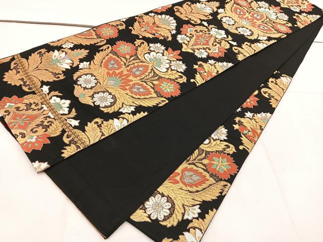 平和屋着物◎六通柄 本袋帯 更紗花文 黒地 金糸 BAAV9270mz