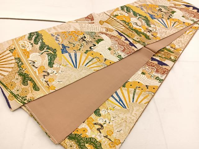 平和屋着物◎アンティーク　大正ロマン　全通柄　京袋帯　扇面飛鶴花文　金糸　正絹　逸品　BAAV9299mz