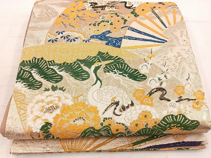 平和屋着物◎アンティーク　大正ロマン　全通柄　京袋帯　扇面飛鶴花文　金糸　正絹　逸品　BAAV9299mz