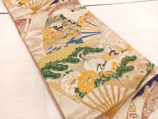 平和屋着物◎アンティーク　大正ロマン　全通柄　京袋帯　扇面飛鶴花文　金糸　正絹　逸品　BAAV9299mz