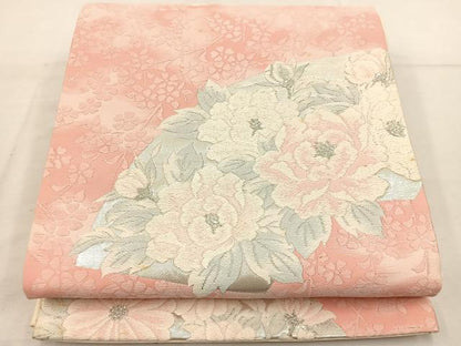 平和屋着物◎六通柄袋帯 唐織 地紙花文 銀糸 正絹 逸品 BAAV9313mz