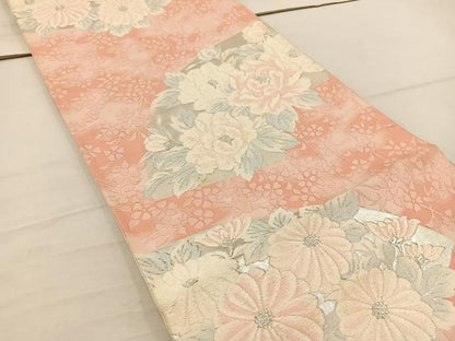 平和屋着物◎六通柄袋帯 唐織 地紙花文 銀糸 正絹 逸品 BAAV9313mz